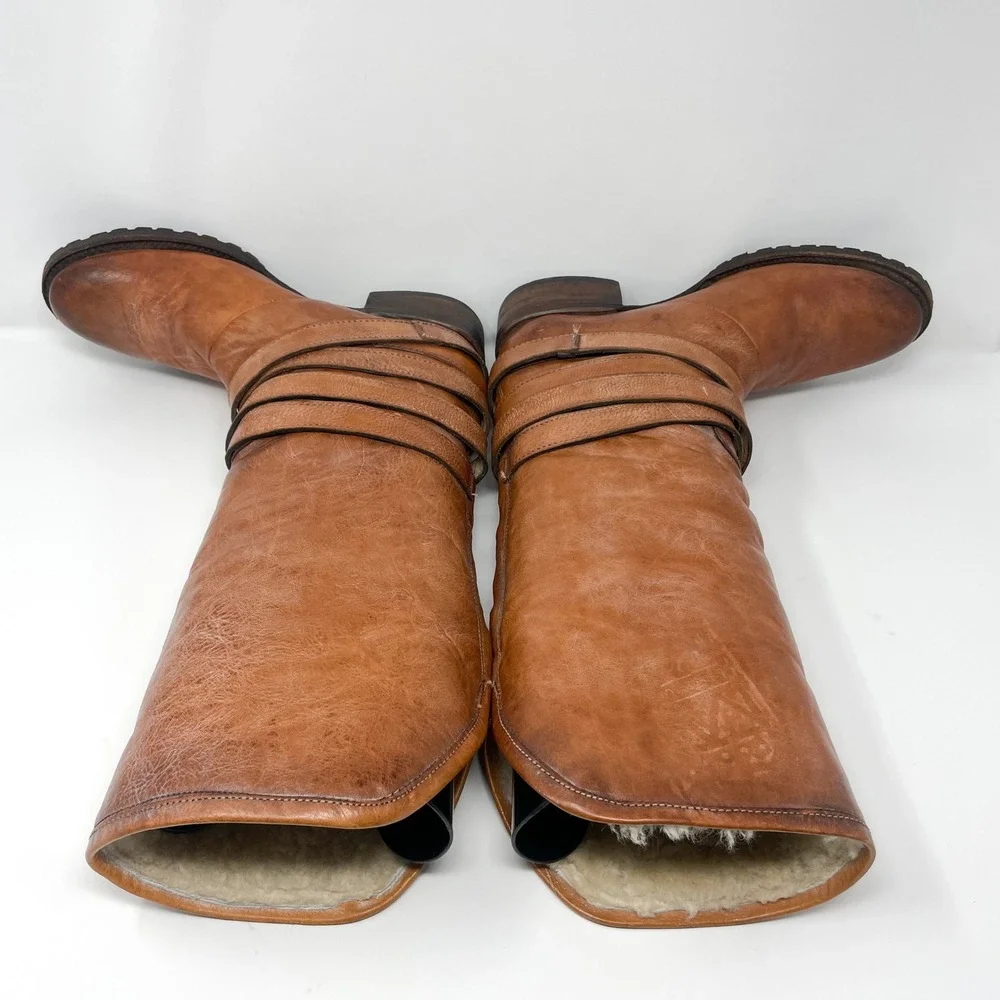 Freebird Steven Dillon Boots Womens 9 Brown Leather Tall Shearling Harness Strap